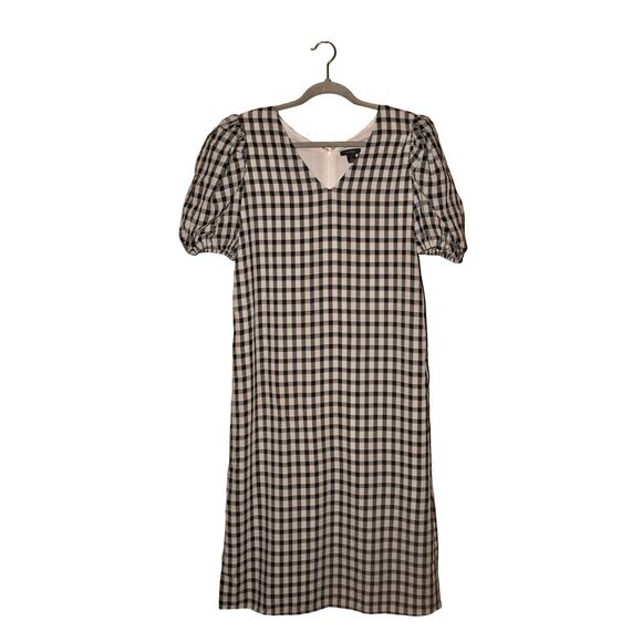 HALOGEN $128 Black White Gingham Check V-Neck Puff‎ Sleeve Midi Dress Medium - Picture 3 of 6